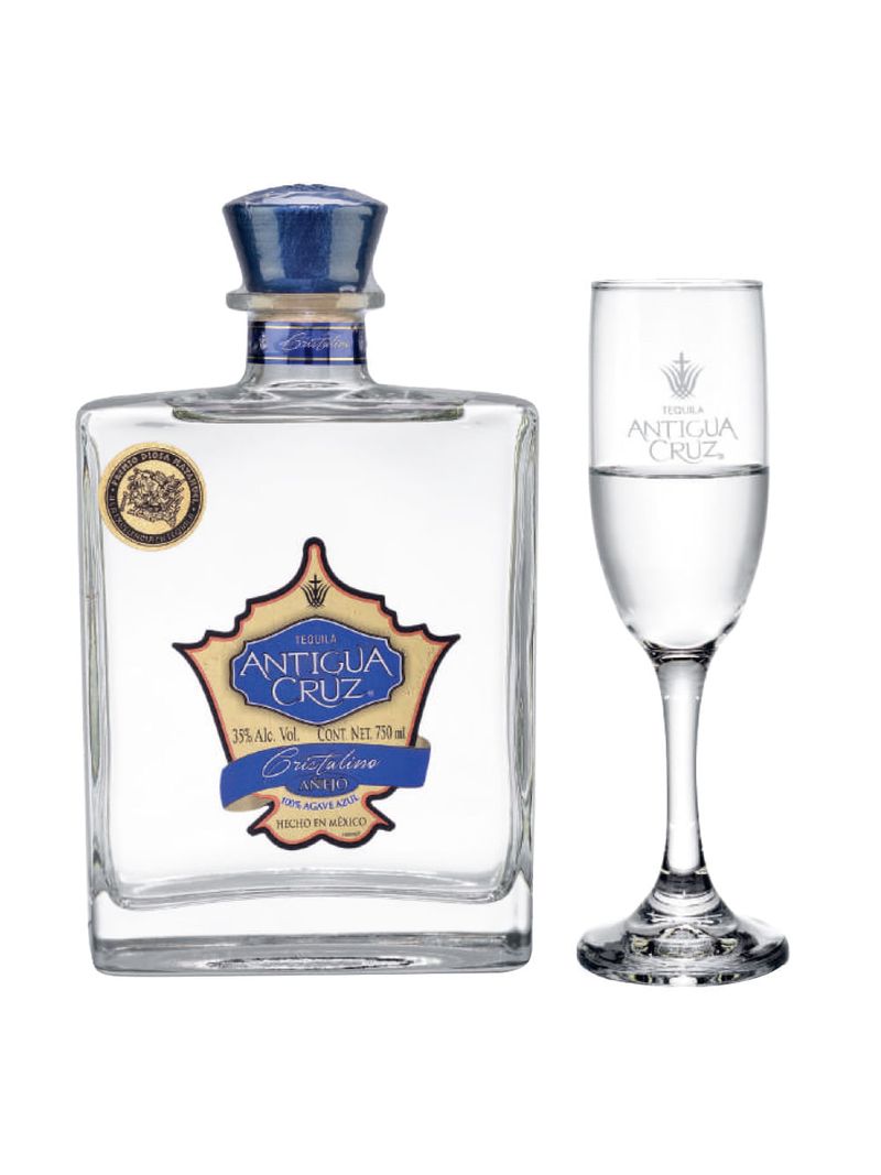 Tequila-Antigua-Cruz-Añejo-Cristalino-750-ml-con-copa-Bodegas-Alianza
