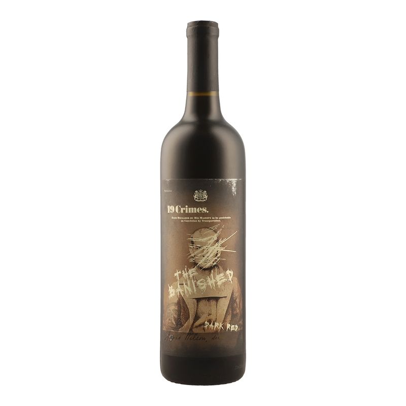 Botella-de-vino-tinto-19-Crimes-The-Banished-Dark-Red-750-ml-color-rubi-oscuro-mezcla-australiana-con-crianza-en-roble-americano.