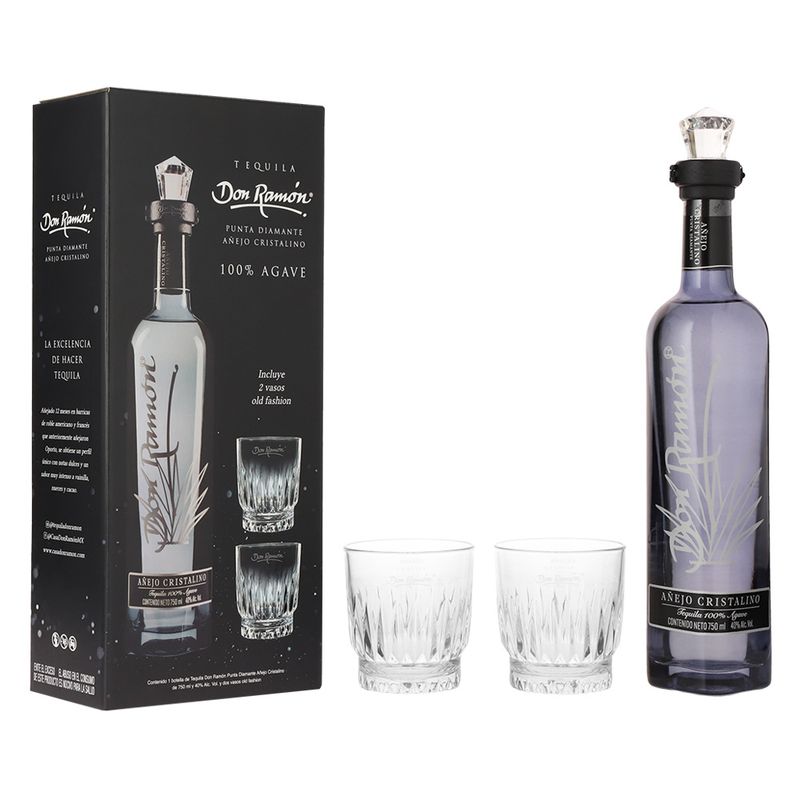 Tequila-Don-Ramon-Añejo-Cristalino-Punta-Diamante-750-ml-C-2-Vasos