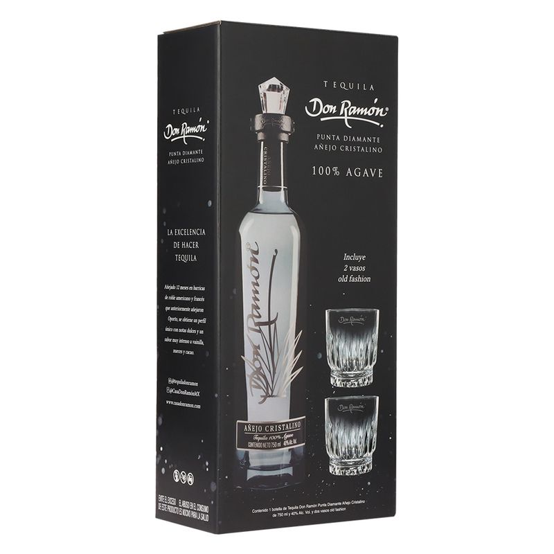 Tequila-Don-Ramon-Añejo-Cristalino-Punta-Diamante-750-ml-C-2-Vasos