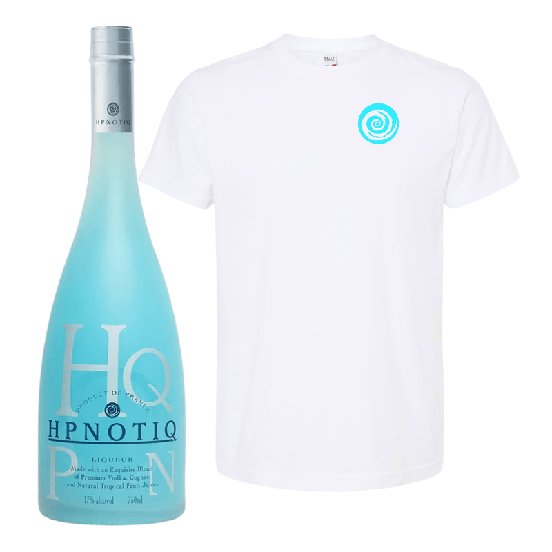 Botella-de-licor-Hpnotiq-750-ml-junto-a-playera-blanca-con-logo-oficial-azul-turquesa-producto-frances.