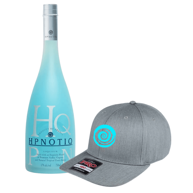 Botella-de-licor-Hpnotiq-750-ml-con-gorra-gris-promocional-con-logo-azul-producto-de-Francia.